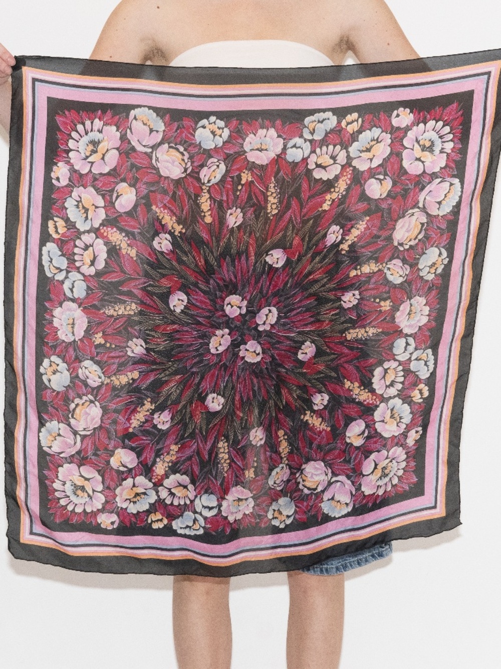 Vintage flower print square scarf pink multicolor polyester 32" by 32"